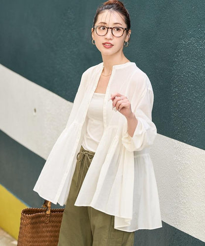 輕薄透紗 前排扣抽褶 襯衫