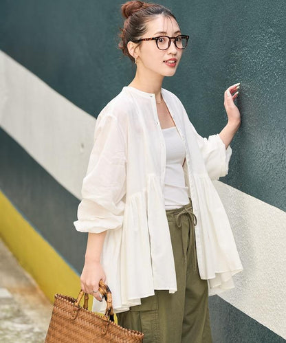輕薄透紗 前排扣抽褶 襯衫
