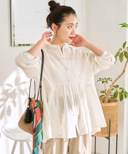 輕薄透紗 前排扣抽褶 襯衫