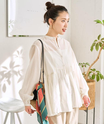 輕薄透紗 前排扣抽褶 襯衫