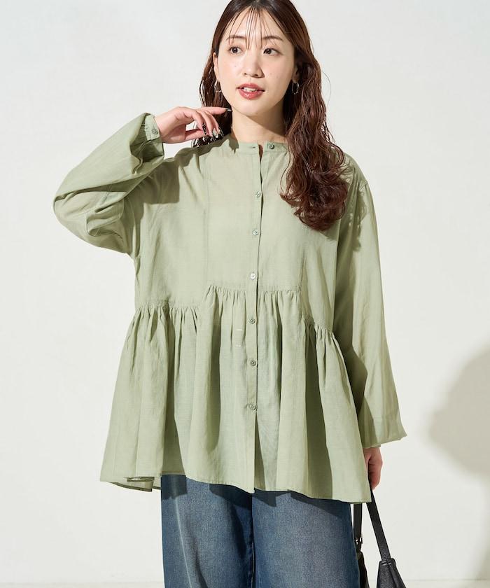 輕薄透紗 前排扣抽褶 襯衫