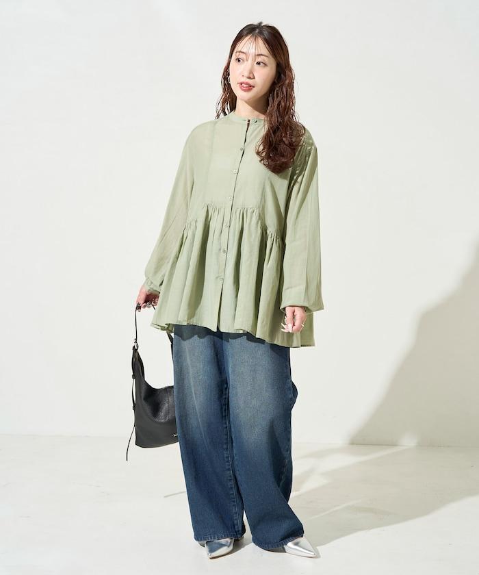 輕薄透紗 前排扣抽褶 襯衫