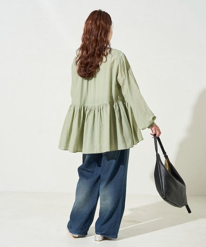 輕薄透紗 前排扣抽褶 襯衫