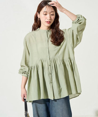 輕薄透紗 前排扣抽褶 襯衫