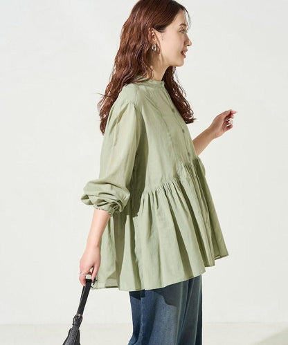 輕薄透紗 前排扣抽褶 襯衫