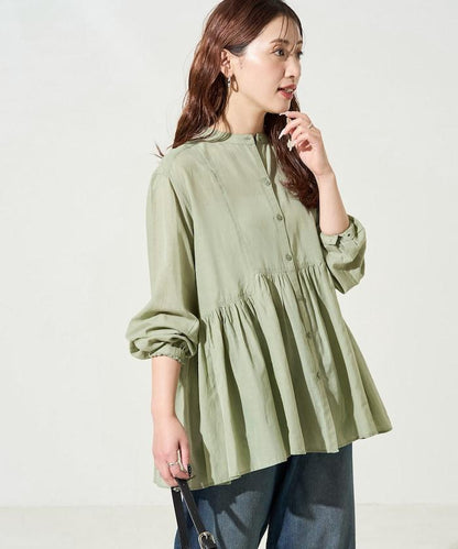 輕薄透紗 前排扣抽褶 襯衫