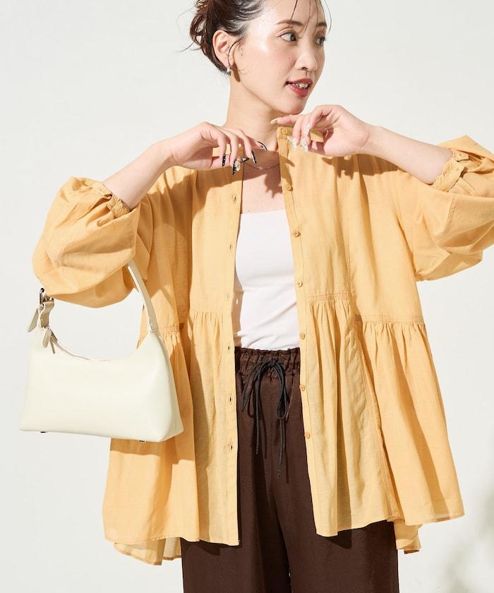 輕薄透紗 前排扣抽褶 襯衫