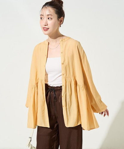 輕薄透紗 前排扣抽褶 襯衫