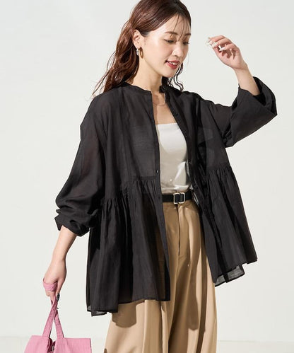 輕薄透紗 前排扣抽褶 襯衫