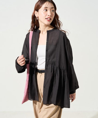 輕薄透紗 前排扣抽褶 襯衫