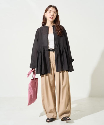 輕薄透紗 前排扣抽褶 襯衫