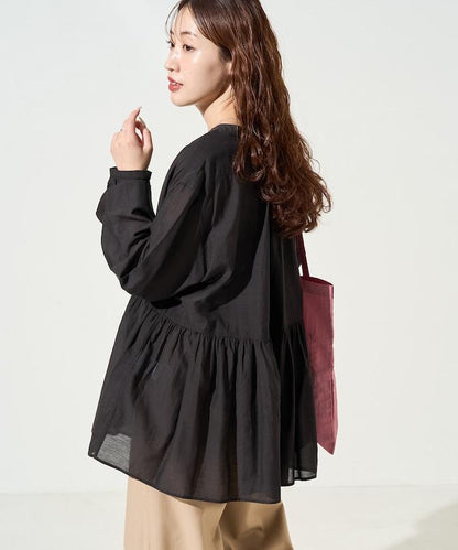 輕薄透紗 前排扣抽褶 襯衫