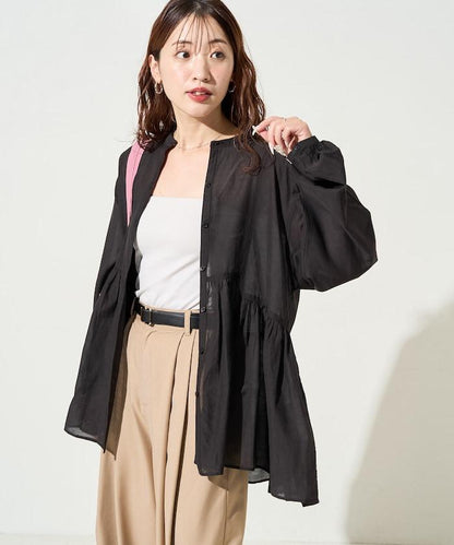 輕薄透紗 前排扣抽褶 襯衫