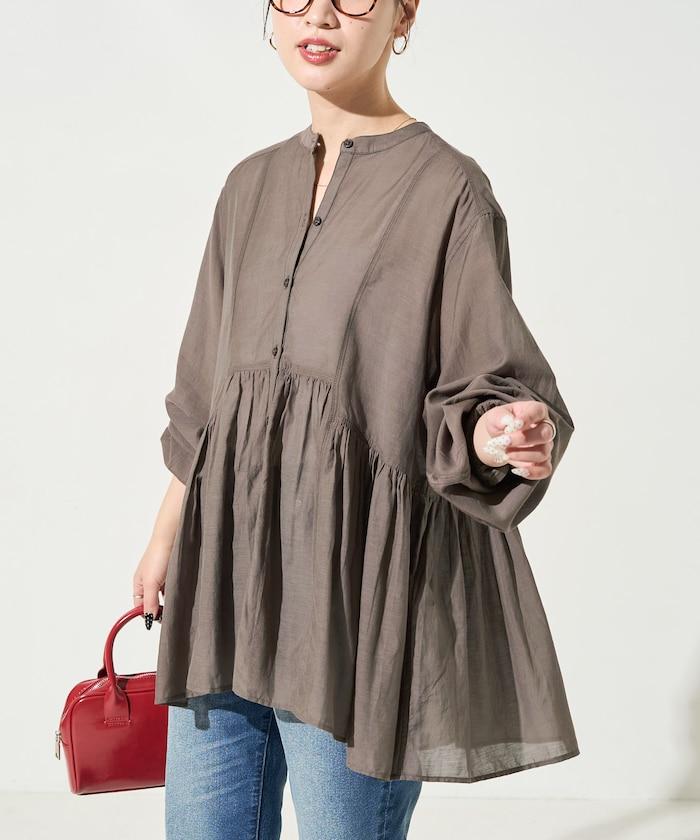 輕薄透紗 前排扣抽褶 襯衫