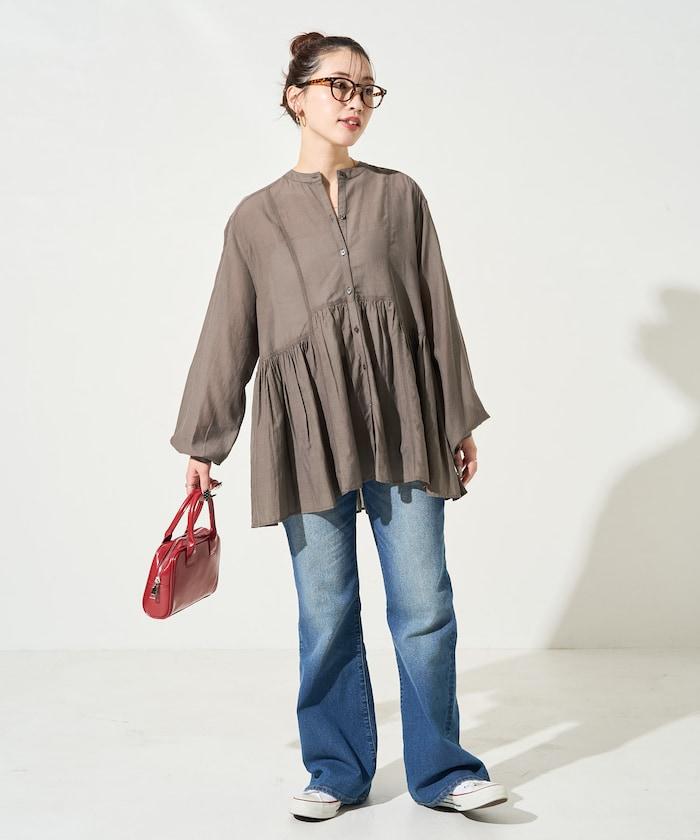 輕薄透紗 前排扣抽褶 襯衫