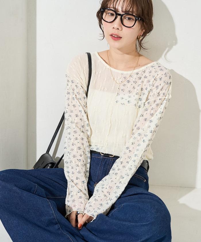 小花印花拼接蕾絲上衣