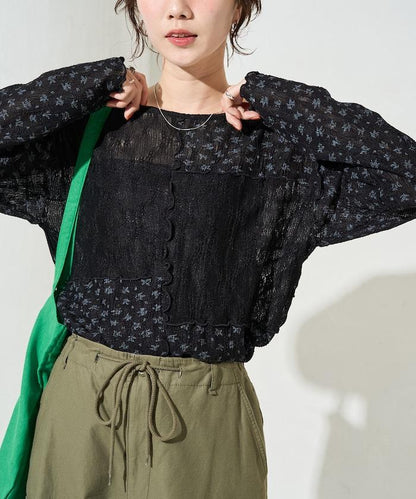 小花印花拼接蕾絲上衣