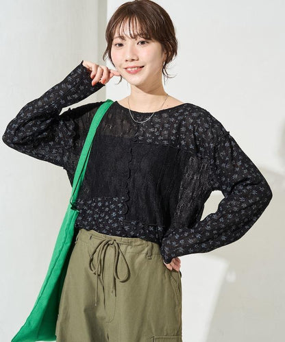 小花印花拼接蕾絲上衣