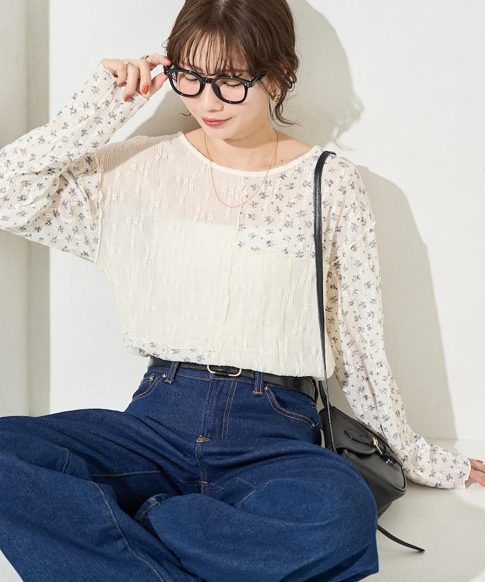 小花印花拼接蕾絲上衣