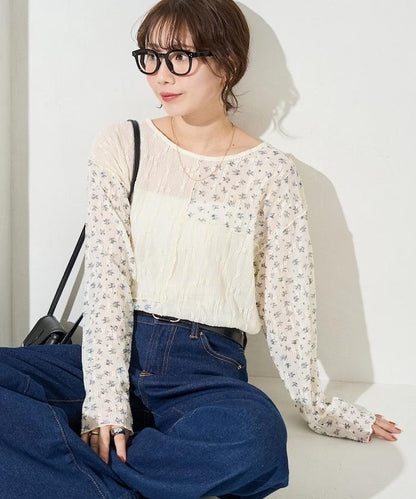 小花印花拼接蕾絲上衣