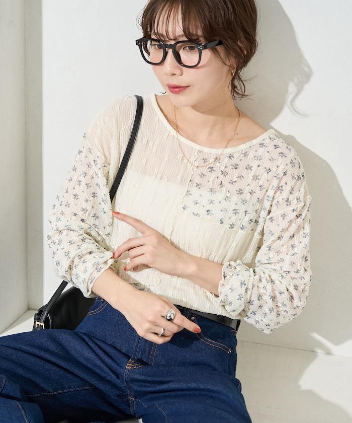 小花印花拼接蕾絲上衣