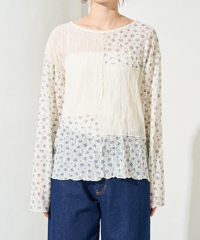 小花印花拼接蕾絲上衣