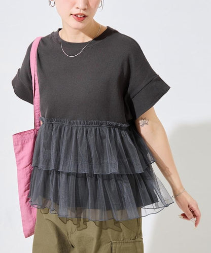 輕質華夫格網紗拼接短袖T恤