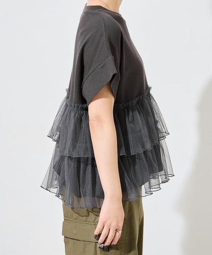 輕質華夫格網紗拼接短袖T恤