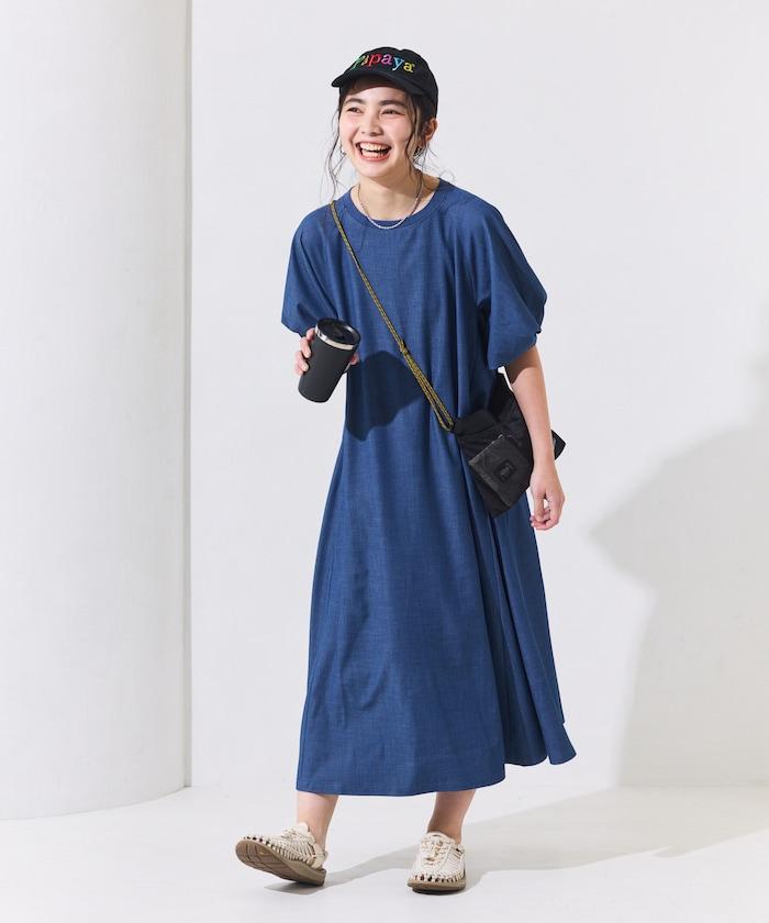 UV防曬 泡泡袖 牛仔風 花卉圖案 連衣裙