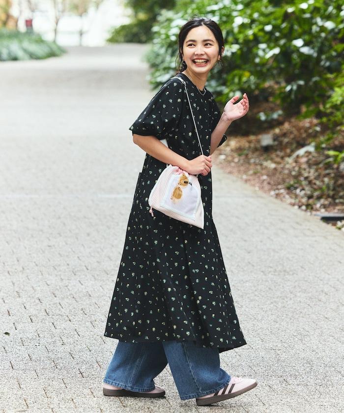 UV防曬 泡泡袖 牛仔風 花卉圖案 連衣裙