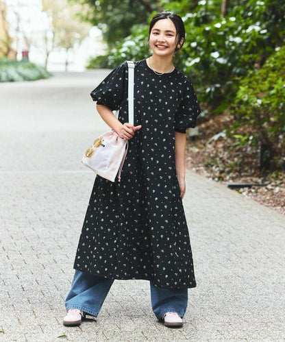 UV防曬 泡泡袖 牛仔風 花卉圖案 連衣裙