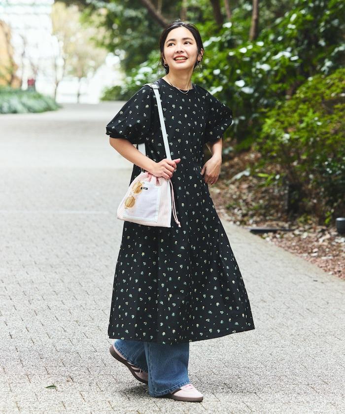 UV防曬 泡泡袖 牛仔風 花卉圖案 連衣裙