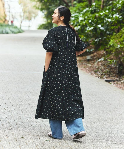 UV防曬 泡泡袖 牛仔風 花卉圖案 連衣裙