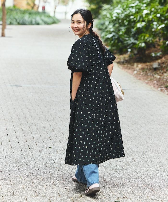 UV防曬 泡泡袖 牛仔風 花卉圖案 連衣裙