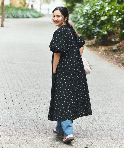 UV防曬 泡泡袖 牛仔風 花卉圖案 連衣裙