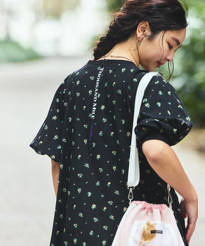 UV防曬 泡泡袖 牛仔風 花卉圖案 連衣裙