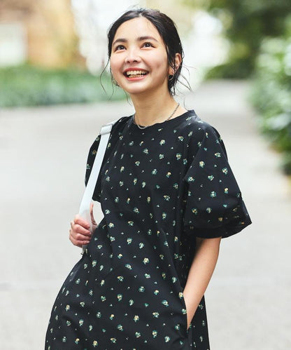 UV防曬 泡泡袖 牛仔風 花卉圖案 連衣裙