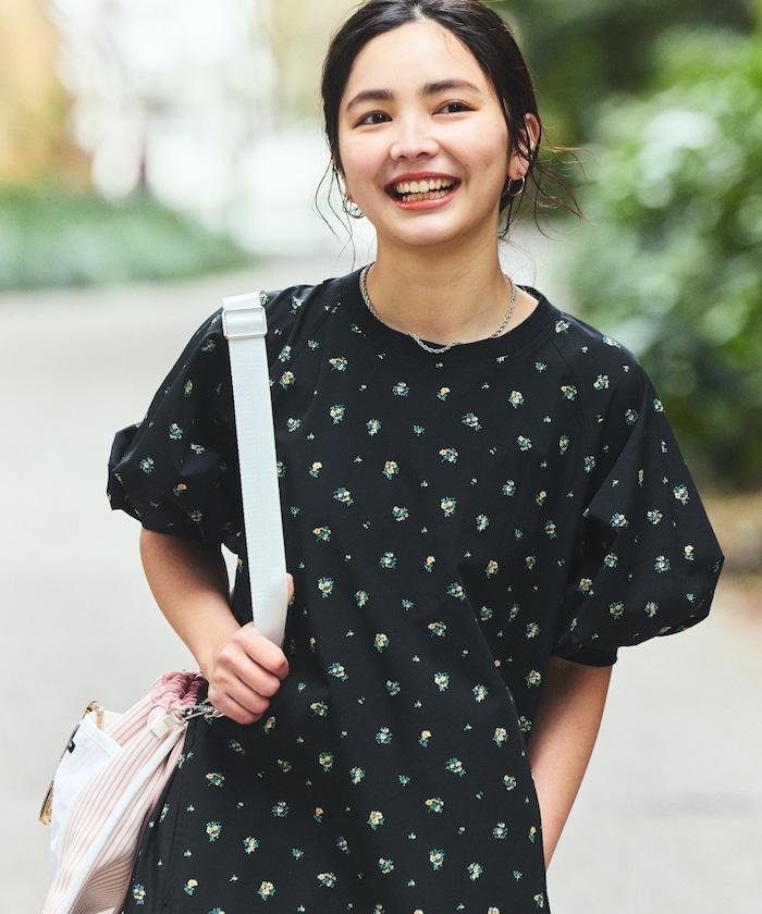 UV防曬 泡泡袖 牛仔風 花卉圖案 連衣裙