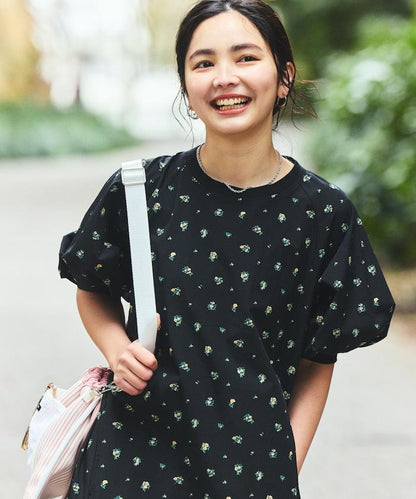 UV防曬 泡泡袖 牛仔風 花卉圖案 連衣裙