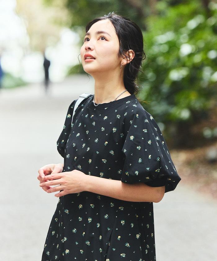 UV防曬 泡泡袖 牛仔風 花卉圖案 連衣裙