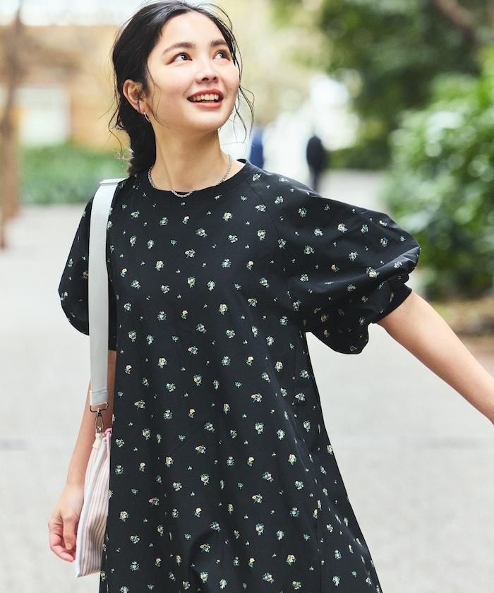 UV防曬 泡泡袖 牛仔風 花卉圖案 連衣裙