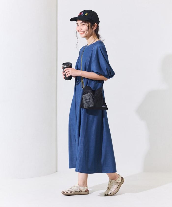 UV防曬 泡泡袖 牛仔風 花卉圖案 連衣裙