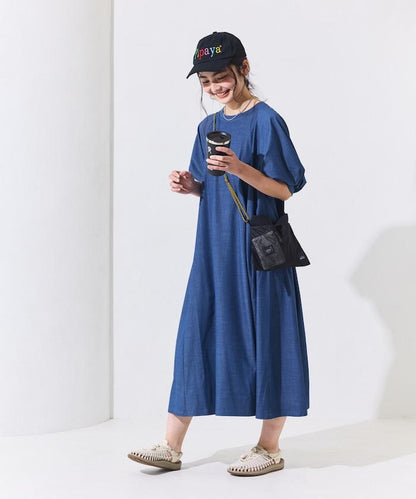 UV防曬 泡泡袖 牛仔風 花卉圖案 連衣裙