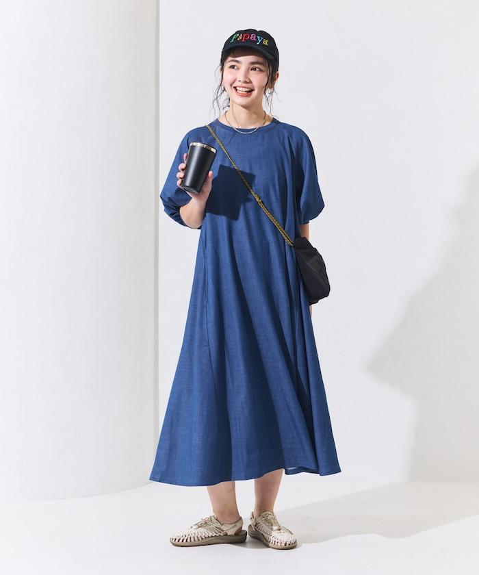 UV防曬 泡泡袖 牛仔風 花卉圖案 連衣裙