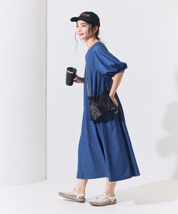 UV防曬 泡泡袖 牛仔風 花卉圖案 連衣裙