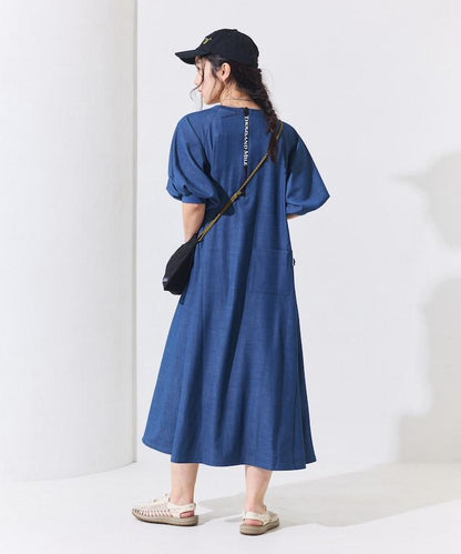 UV防曬 泡泡袖 牛仔風 花卉圖案 連衣裙