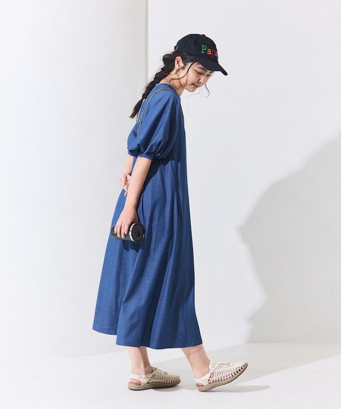 UV防曬 泡泡袖 牛仔風 花卉圖案 連衣裙