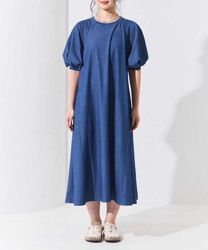 UV防曬 泡泡袖 牛仔風 花卉圖案 連衣裙