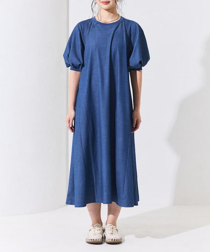 UV防曬 泡泡袖 牛仔風 花卉圖案 連衣裙