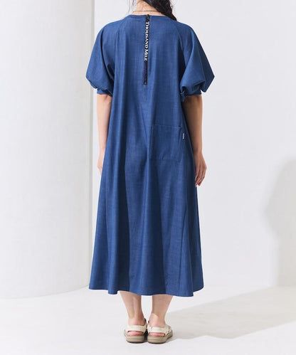 UV防曬 泡泡袖 牛仔風 花卉圖案 連衣裙